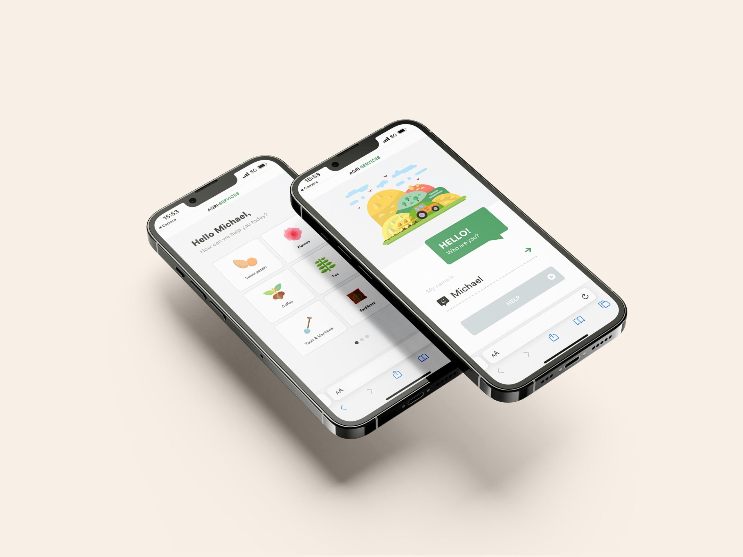 Agri Services onboarding on two phones